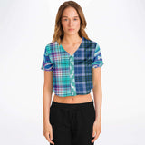 Cerulean Paisley Plaid Cropped Button Front Jersey Cropped Baseball Jersey - Thathoodyshop