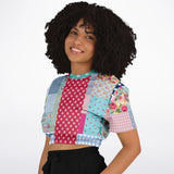 Pink Sherbert Floral Patchwork Plaid Cropped Sweater Cropped Short Sleeve Sweater - Thathoodyshop