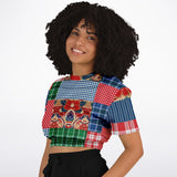 Busan Fleur Floral Plaid Patchwork Cropped Sweater Cropped Short Sleeve Sweater - Thathoodyshop