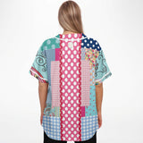 Pink Sherbert Floral Patchwork Plaid Button Front Jersey Baseball Jersey - Thathoodyshop