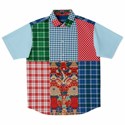 Busan Fleur Plaid Patchwork Button Down Shirt Short Sleeve Button Down Shirt - Thathoodyshop