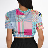 Pink Sherbert Floral Patchwork Plaid Cropped Sweater Cropped Short Sleeve Sweater - Thathoodyshop