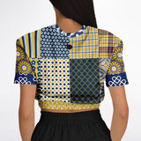 Royal Flush Blue Plaid Floral Short Sleeve Cropped Sweater Cropped Short Sleeve Sweater - Thathoodyshop