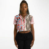 Pink Geo Patchwork Cropped Button Front Jersey Cropped Baseball Jersey - Thathoodyshop