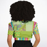 Green Anjou Pear Patchwork Crop Top Cropped Short Sleeve Sweater - Thathoodyshop