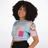 Pink Sherbert Floral Patchwork Plaid Cropped Sweater Cropped Short Sleeve Sweater - Thathoodyshop