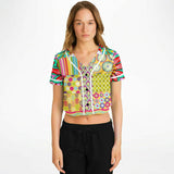 Hello Janis! Yellow Patchwork Cropped Button Front Jersey Cropped Baseball Jersey - Thathoodyshop