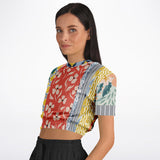 Tallulah Bankhead Yellow Patchwork Short Sleeve Cropped Eco-Poly Sweater Cropped Short Sleeve Sweatshirt - Thathoodyshop