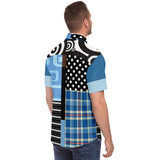 Pacific Palisades Blue Geo Patchwork Button Down Shirt Short Sleeve Button Down Shirt - Thathoodyshop