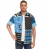Pacific Palisades Blue Geo Patchwork Button Down Shirt Short Sleeve Button Down Shirt - Thathoodyshop
