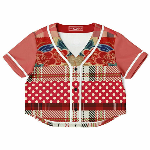 Jersey Salsa Floral Plaid Patchwork Cropped Button Front Jersey Cropped Baseball Jersey - AOP - Thathoodyshop