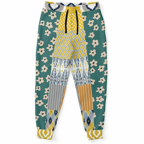Tallulah Bankhead Yellow Ikat Patchwork Unisex Fleece Joggers Fleece Joggers - Thathoodyshop