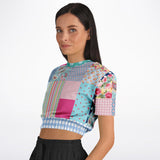 Pink Sherbert Floral Patchwork Plaid Cropped Sweater Cropped Short Sleeve Sweater - Thathoodyshop