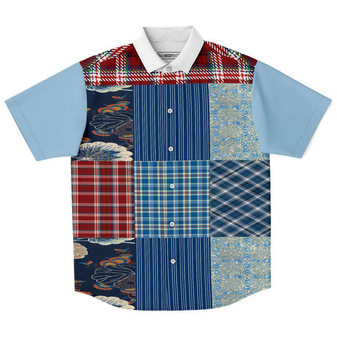 Andromeda Blue Patchwork Button Down Shirt Short Sleeve Button Down Shirt - Thathoodyshop