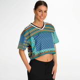Many Blessings Patchwork Print Crop Jersey Cropped Football Jersey - Thathoodyshop