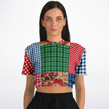 Busan Fleur Plaid Patchwork Cropped Sweater Cropped Short Sleeve Sweater - Thathoodyshop