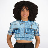 Blue Geo Plaid SW Crop Sweater Cropped Short Sleeve Sweater - Thathoodyshop