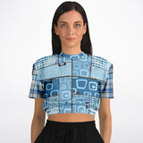 Blue Geo Plaid SW Crop Sweater Cropped Short Sleeve Sweater - Thathoodyshop
