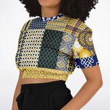 Royal Flush Blue Plaid Floral Short Sleeve Cropped Sweater Cropped Short Sleeve Sweater - Thathoodyshop