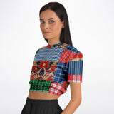 Busan Fleur Floral Plaid Patchwork Cropped Sweater Cropped Short Sleeve Sweater - Thathoodyshop