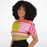 Hello Janis!  Pink Spliced Short Sleeve Cropped Sweater Cropped Short Sleeve Sweater - Thathoodyshop