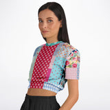 Pink Sherbert Floral Patchwork Plaid Cropped Sweater Cropped Short Sleeve Sweater - Thathoodyshop