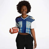 Andromeda Blue Patchwork Crop Jersey Cropped Football Jersey - Thathoodyshop