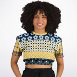 Royal Flush Blue Patchwork Short Sleeve Cropped Sweater Cropped Short Sleeve Sweater - Thathoodyshop