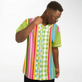 Green Anjou Pear Striped Patchwork Button Front Jersey Short Sleeve Button Down Shirt - Thathoodyshop