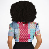 Pink Sherbert Floral Patchwork Plaid Cropped Sweater Cropped Short Sleeve Sweater - Thathoodyshop