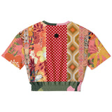 Yogananda Pink Floral Patchwork Short Sleeve Cropped Eco-Poly Sweater Cropped Short Sleeve Sweater - Thathoodyshop