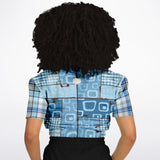 Blue Geo Plaid SW Crop Sweater Cropped Short Sleeve Sweater - Thathoodyshop