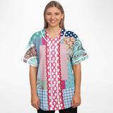 Pink Sherbert Floral Patchwork Plaid Button Front Jersey Baseball Jersey - Thathoodyshop