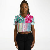 Pink Sherbert Floral Patchwork Plaid Cropped Button Front Jersey Cropped Baseball Jersey - Thathoodyshop