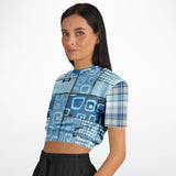 Blue Geo Plaid SW Crop Sweater Cropped Short Sleeve Sweater - Thathoodyshop