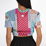 Pink Sherbert Floral Patchwork Plaid Cropped Sweater Cropped Short Sleeve Sweater - Thathoodyshop