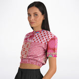 Gypsy Beat Pink Patchwork Short Sleeve Cropped Sweater Athletic Cropped Short Sleeve Sweatshirt - AOP - Thathoodyshop