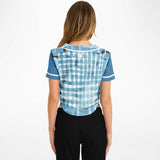 Blue Geo Patchwork Cropped Button Front Jersey Cropped Baseball Jersey - AOP - Thathoodyshop