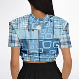 Blue Geo Plaid SW Crop Sweater Cropped Short Sleeve Sweater - Thathoodyshop