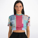 Pink Sherbert Floral Patchwork Plaid Cropped Sweater Cropped Short Sleeve Sweater - Thathoodyshop