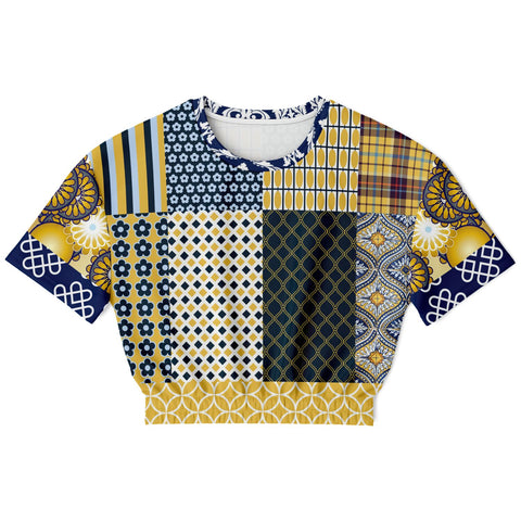 Royal Flush Blue Plaid Floral Short Sleeve Cropped Sweater Cropped Short Sleeve Sweater - Thathoodyshop