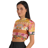 Yogananda Striped Floral Patchwork Short Sleeve Cropped Eco-Poly Sweater Cropped Short Sleeve Sweatshirt - Thathoodyshop