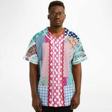 Pink Sherbert Floral Patchwork Plaid Button Front Jersey Baseball Jersey - Thathoodyshop