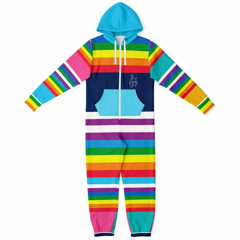 Blue Horizon Rainbow Stripe Fleece Unisex Romper Fleece Jumpsuit - Thathoodyshop