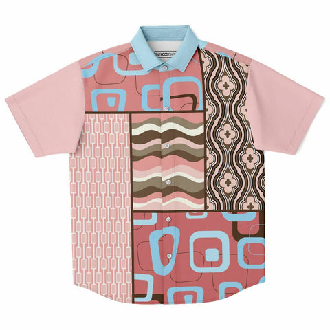 Pink Geo Patchwork Button Down Shirt Short Sleeve Button Down Shirt - Thathoodyshop