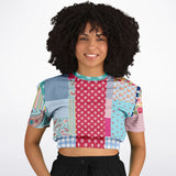 Pink Sherbert Floral Patchwork Plaid Cropped Sweater Cropped Short Sleeve Sweater - Thathoodyshop