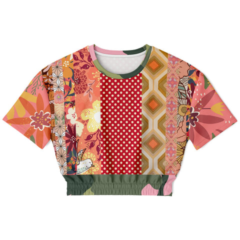 Yogananda Pink Floral Patchwork Short Sleeve Cropped Eco-Poly Sweater Cropped Short Sleeve Sweater - Thathoodyshop