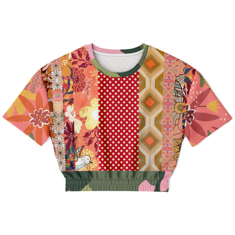 Yogananda Pink Floral Patchwork Short Sleeve Cropped Eco-Poly Sweater Cropped Short Sleeve Sweater - Thathoodyshop