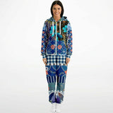 Blue Andalusian Floral Plaid Patchwork Fleece Unisex Romper Fleece Jumpsuit - Thathoodyshop