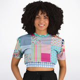 Pink Sherbert Floral Patchwork Plaid Cropped Sweater Cropped Short Sleeve Sweater - Thathoodyshop
